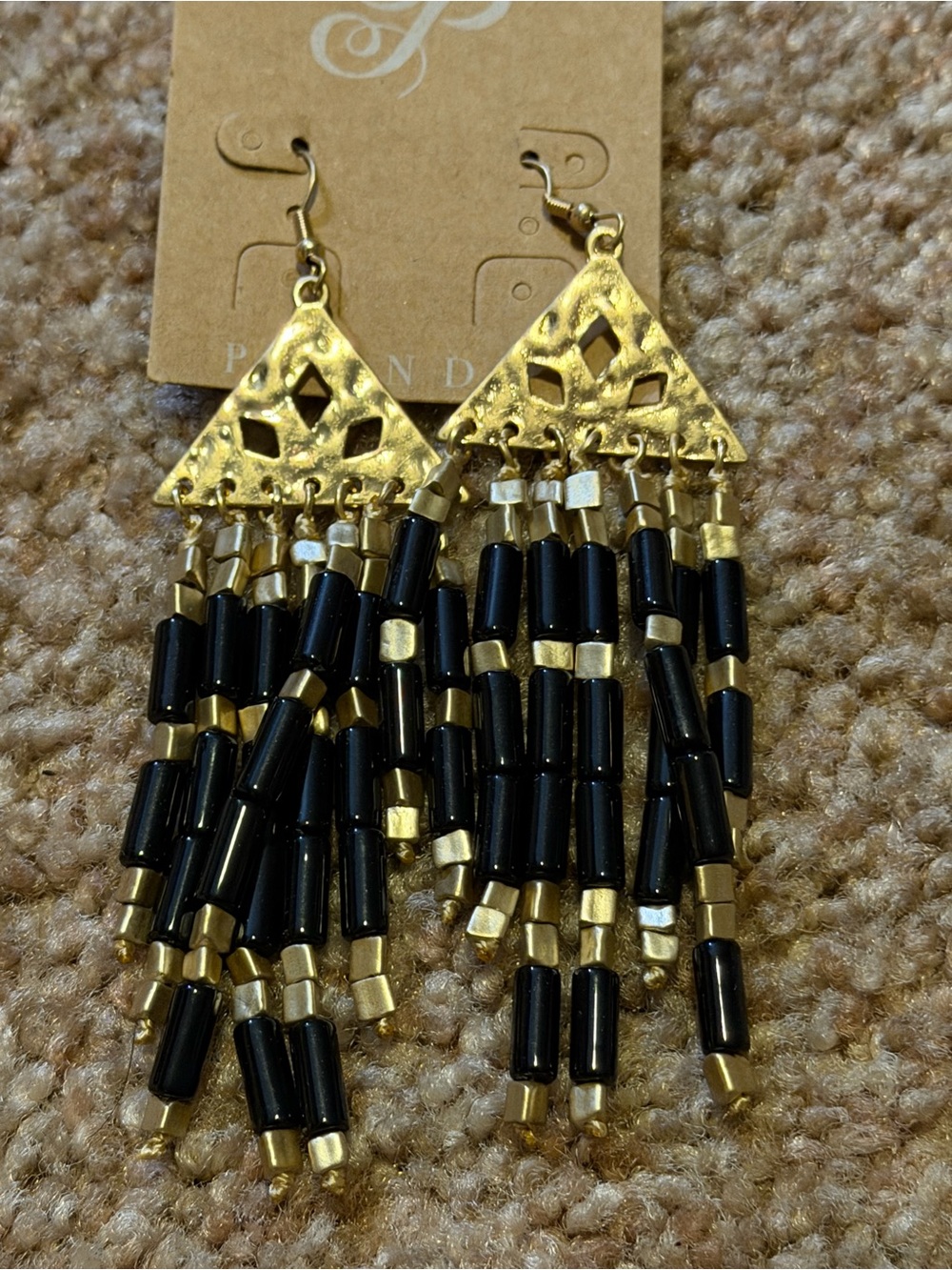 Plunders-beautiful Gold and Black Beaded Fringe Drop Earrings